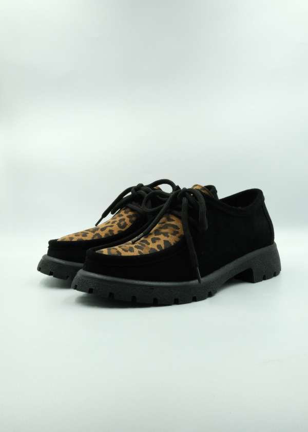 Siyah Süet Deri Leopar Detaylı Loafer